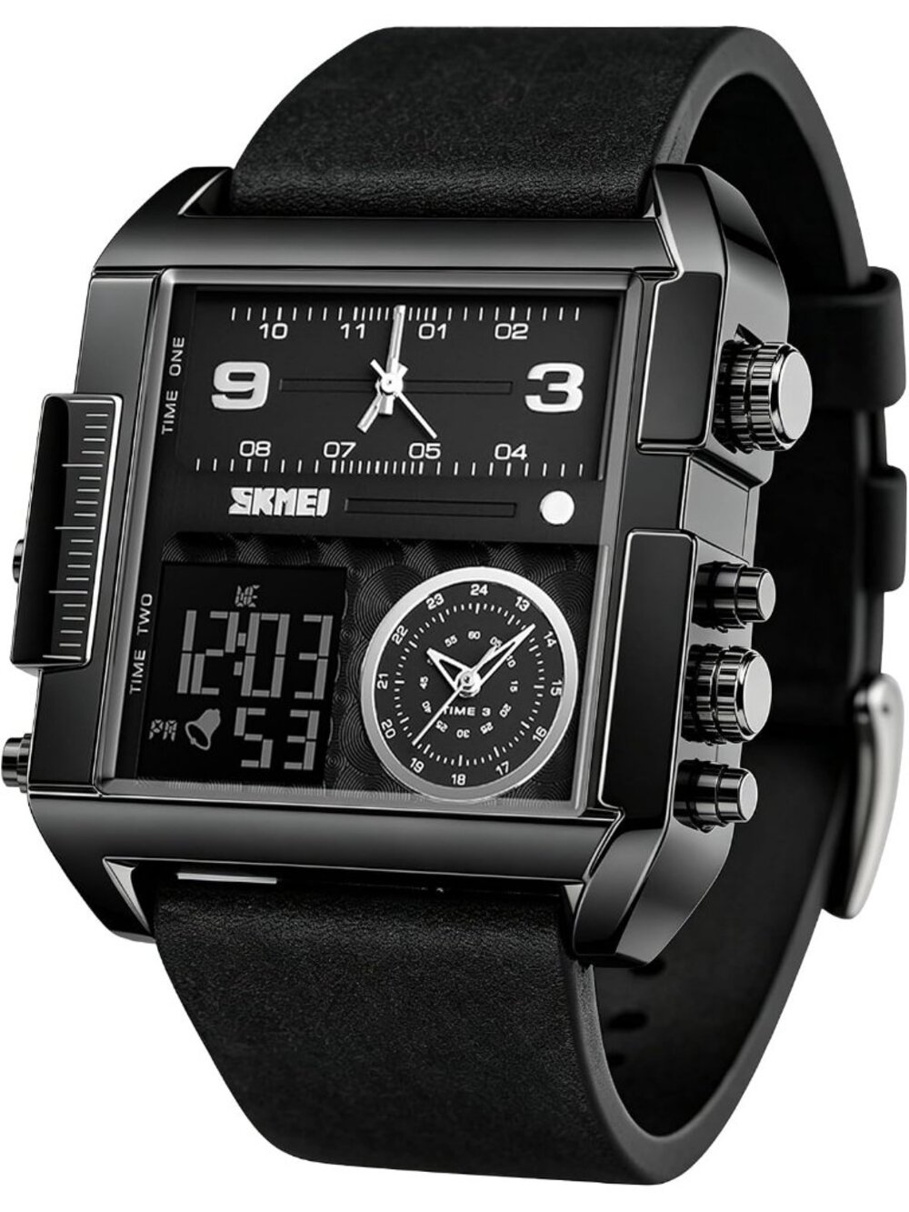 Men's All Black LED Square Large Face Analog Quartz Digital Sports Wrist Watch